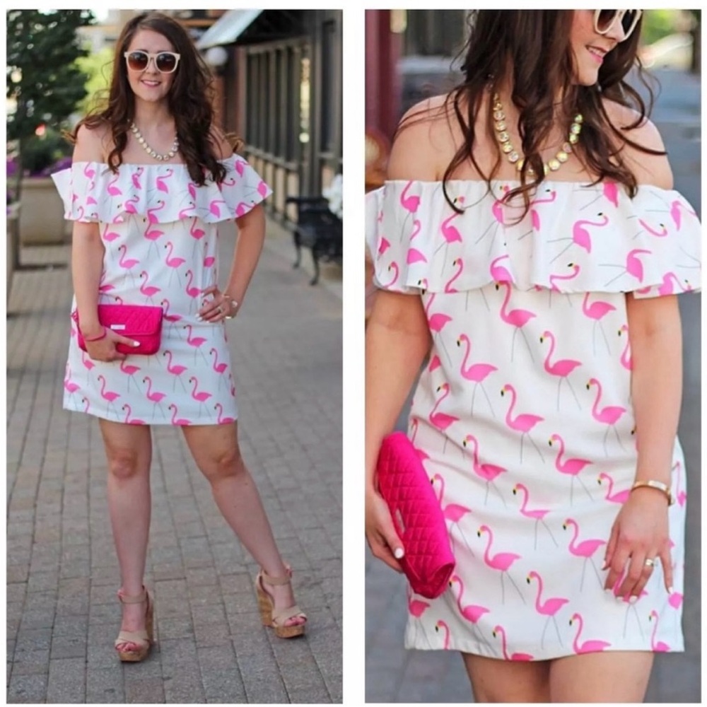 TIFF + JEN OFF SHOULDER PINK WHITE FLAMINGO PRINT MINI DRESS SZ S